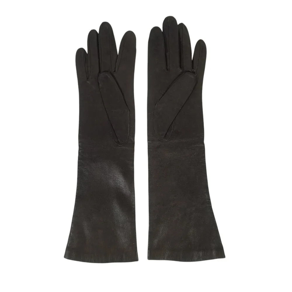 Vintage Leather Gloves Dark Brown Kid 3/4 Length Silk Lined Washable 6 1/2